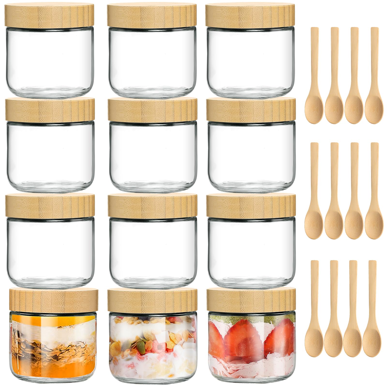 TBWIND 12 Pack 10oz Glass Jars with Bamboo Lids, Spoons, Airtight Overnight Oats Containers, Salad & Yogurt Storage, Mason Jars for Snacks, Spices, Meal Prep – Reusable